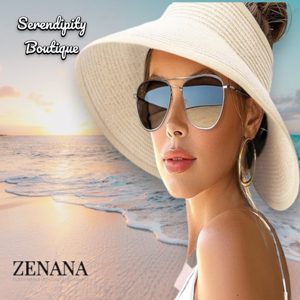 Zenana Ponytail Wide Brim Woven Straw Adjustable Travel Sun Visor Hat